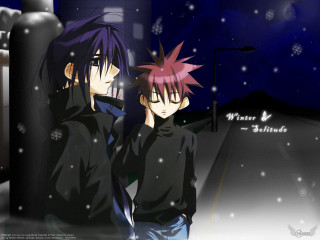Anime characters snow night city - a city in the background free wallpaper