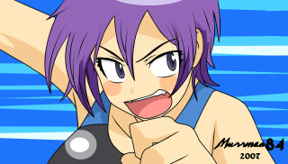 Purple hair anime character pointing - a black shirt free wallpaper