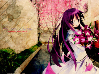 Girl bouquet pinkflowers anime purplehair - a girl in a dress holding free wallpaper