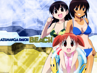 Three anime girls beach bikinis 5 - a blue sky background free wallpaper