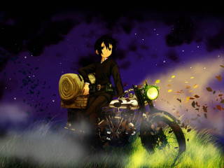 Man motorcycle field night moon - neoromanticism free wallpaper
