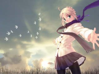 Girl whitecoat purplescarf bird sunset - a purple scarf free wallpaper