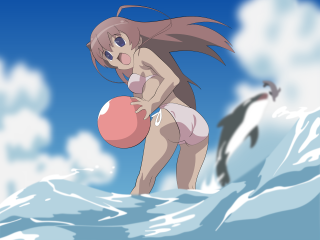 Cartoon girl snow ball penguin - the sky behind her free wallpaper