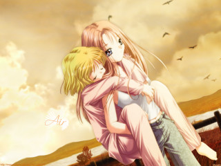 Hugging couple anime sky birds - overhead free wallpaper