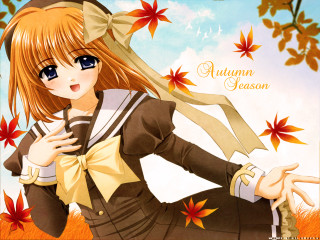 Girl leaves autumn sky anime - long hair and a bow tie free wallpaper