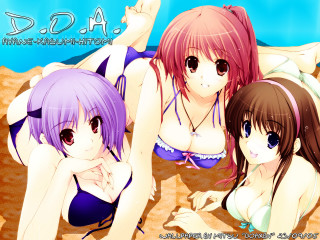Three anime girls beach bikinis 3 - a pink hair free wallpaper