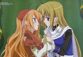 Two anime girls holding hands - their head free wallpaper
