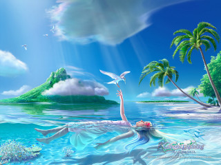Woman ocean floating bird dreamlike - above her head free wallpaper