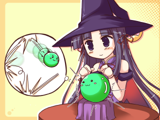 Cartoon witch sewing green ball - a purple hat free wallpaper