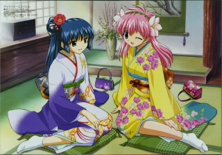Anime girls flower kimono sake - the floor free wallpaper