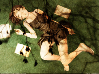 Woman laying book laptop tree - figurative art free wallpaper