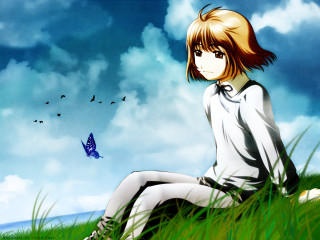 Girl butterfly grass hill outdoors - magic realism free wallpaper