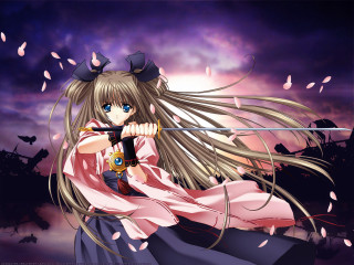 Anime girl sword purple sky 2 - a purple sky behind her free wallpaper
