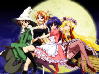 Anime girls broom fullmoon halloween - a full moon behind them free wallpaper
