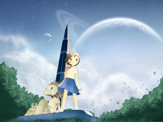 Girl hill astronaut aurora moon - chizuko yoshida free wallpaper