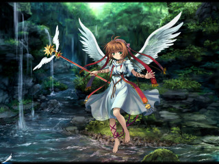 Angel wings girl forest waterfall - detailed free wallpaper