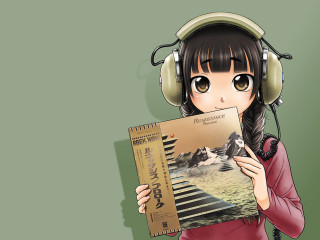 Girl headphones book green background - manga free wallpaper