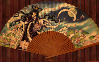 Fan painting woman flower bird - a painting of a woman holding free wallpaper