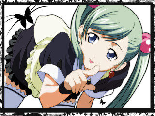 Green hair blue eyes girl - a pink object free wallpaper