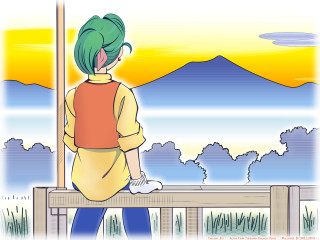 Mountain water sunset green hair - a bench free wallpaper