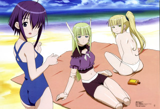 Three anime girls beach bottle - one girl free wallpaper