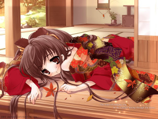 Woman red kimono autumn anime - a red hat free wallpaper