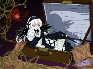 Creepy gothic woman suitcase silver - her face and hair free wallpaper