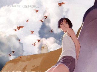 Girl sitting ledge birds lighthouse - a ledge free wallpaper