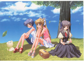 Three anime girls teddy grass - official art free wallpaper for desktop