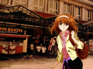 Girl yellow jacket pink shirt - the street in front free wallpaper
