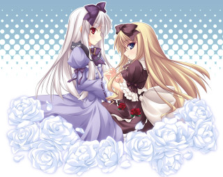 Anime girls roses flowers bouquet - two anime girls sitting next free wallpaper