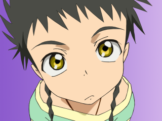 Anime browneyes greenshirt purplebackground closeup - a purple background free wallpaper