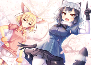 Anime characters pose cat wolf - a picture together free wallpaper