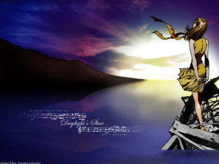 Woman boat music notes sunset - analytical art free wallpaper