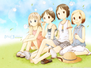 Girls bubbles sky outdoors anime - a blue sky behind them free wallpaper