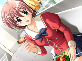 Girl red shirt crown food - free gaming wallpaper
