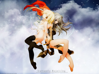 Couple women flying clouds aurora - a red scarf free wallpaper