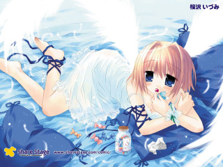 Girl laying anime pills bed - her leg free wallpaper for desktop