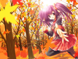Autumn leaves girl dress anime - forest free wallpaper