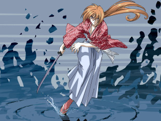 Woman sword water redshirt scarf - anime visual free wallpaper
