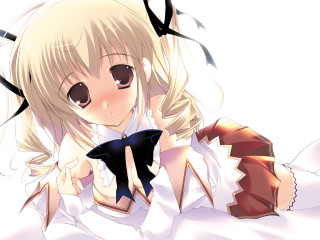 Anime girl blonde hair black - white sheet free wallpaper