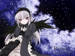 Anime girl white hair black 9 - black wing free wallpaper