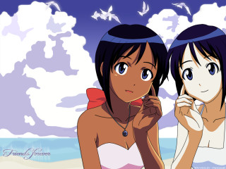 Beach birds anime roses dress - two woman free wallpaper