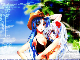 Anime girls hug beach bikini - a bikini free wallpaper