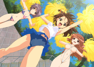 Three anime girls bikini wall - a rooster free wallpaper