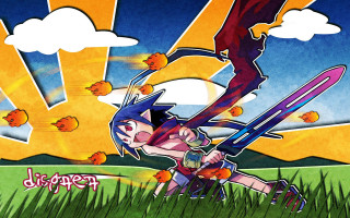 Girl sword autumn clouds bluehair - neoexpressionism free wallpaper