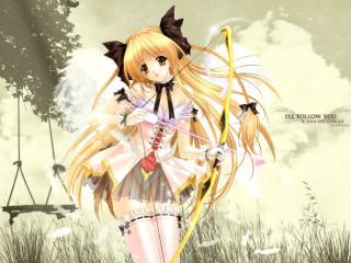 Anime girl bow arrow sky - her hand and a sky background free wallpaper