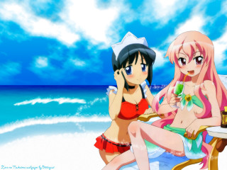 Anime girls beach drink sunset - a beach chair free wallpaper