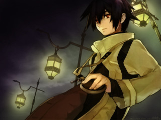 Yellow coat man umbrella lamp - dark atmosphere free wallpaper