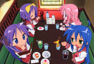 Anime girls eating food restaurant - a group of anime girls sitting free wallpaper